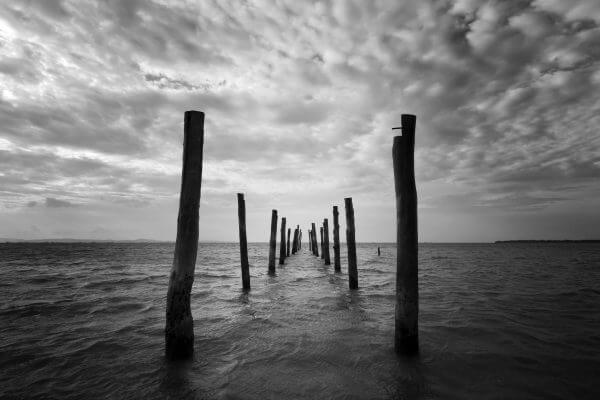 Wooden Poles at Sea (Black and White) – Designer Splashback